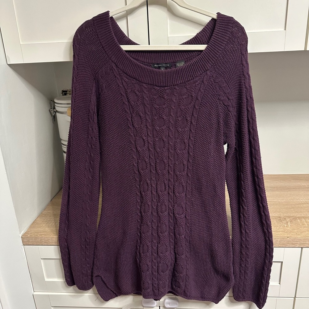 Jeanne Pierre Sweater Womens Large Purple Cable Knit Cotton Scoop Neck Pullover